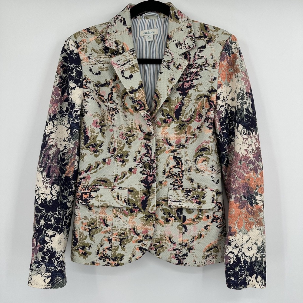 Sundance Blazer Womens XS Multicolor Floral Jacquard Cotton Button Front Lined